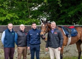 three men, horse and another man standing front facing for a photo for the GAIN The Advantage Series 2026 launch