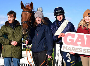 Connections of BOLDPLAY (IRE), winner of the opening leg of the 2026/2027 GAIN Mares Series at Tattersalls P2P, with trainer Paul Bailie, jockey William Hamilton and Sarah McGrath, GAIN Equine Nutrition.